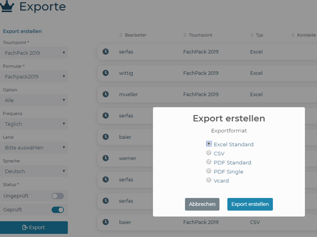 Screenshot entergon-Suite Export und Download von erfassten Kontakten